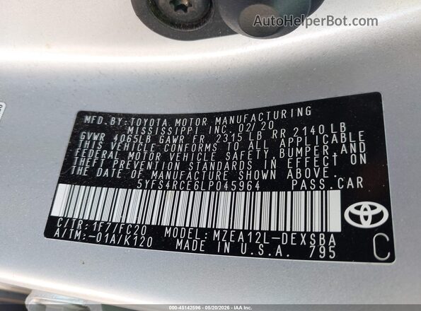 5YFS4RCE6LP045964 2020 TOYOTA COROLLA Silver Շարժիչի բաժամունքի տեսք