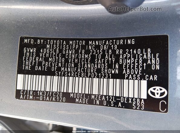 5YFS4RCE8LP021231 2020 TOYOTA LL Gray 