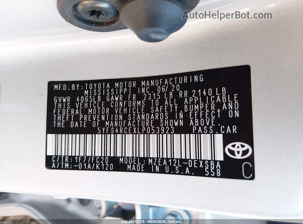 5YFS4RCEXLP053923 2020 TOYOTA COROLLA Серебряный 