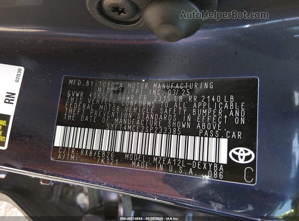 5YFT4MCE2SP233385 2025 TOYOTA COROLLA Blue Engine compartment view
