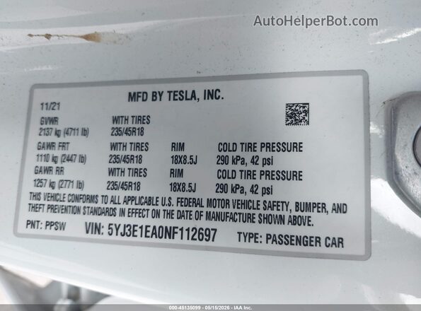 5YJ3E1EA0NF112697 2022 TESLA MODEL 3 White ძრავის განყოფილების ხედი