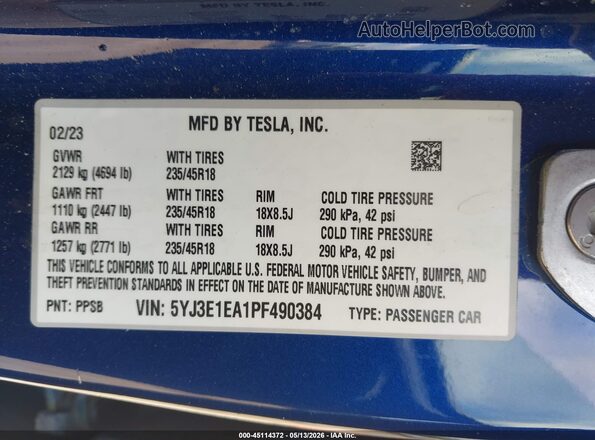 5YJ3E1EA1PF490384 2023 TESLA MODEL 3 Blue Vista del compartimento del motor