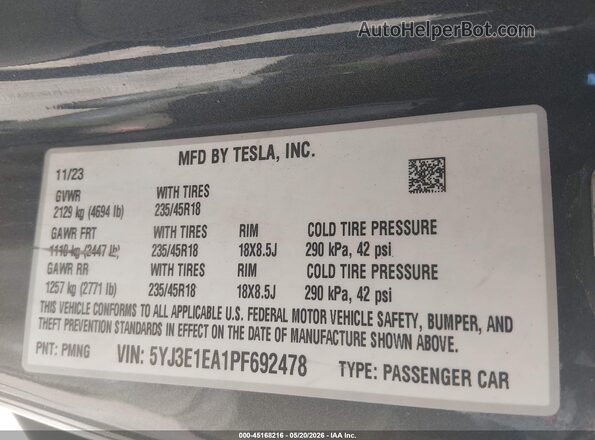 5YJ3E1EA1PF692478 2023 TESLA MODEL 3 Gray Widok komory silnika