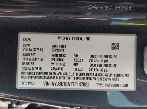 5YJ3E1EA1TF147052 2026 TESLA MODEL 3 Gray Շարժիչի բաժամունքի տեսք