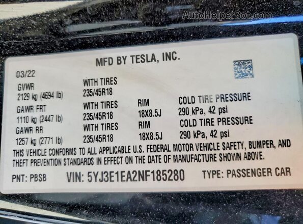 5YJ3E1EA2NF185280 2022 TESLA MODEL Charcoal 
