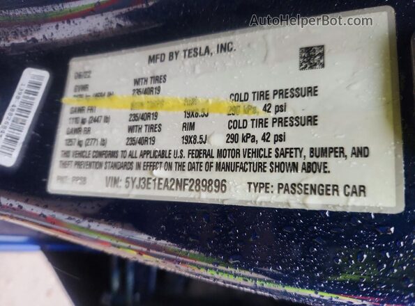 5YJ3E1EA2NF289896 2022 TESLA MODEL Blue 