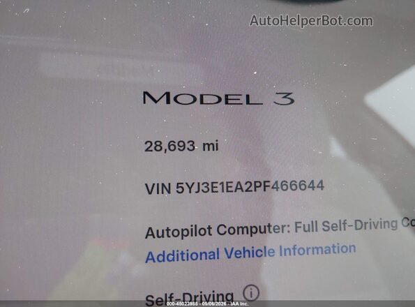 5YJ3E1EA2PF466644 2023 TESLA MODEL 3 Белый 
