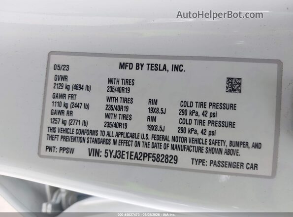 5YJ3E1EA2PF582829 2023 TESLA MODEL 3 Белый Вид подкапотного пространства