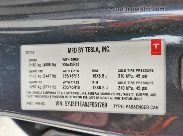 5YJ3E1EA8JF051769 2018 TESLA MODEL White 