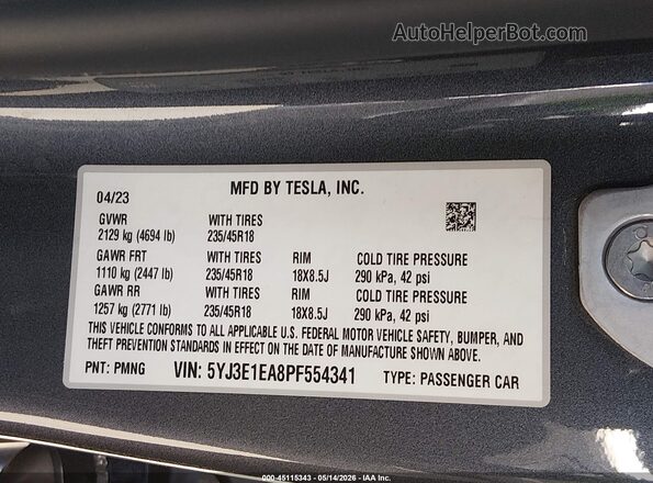 5YJ3E1EA8PF554341 2023 TESLA MODEL 3 Gray 