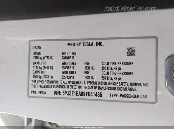 5YJ3E1EA8SF041485 2025 TESLA MODEL 3 Белый Вид подкапотного пространства