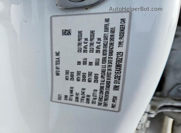 5YJ3E1EAXMF062129 2021 TESLA MODEL White 