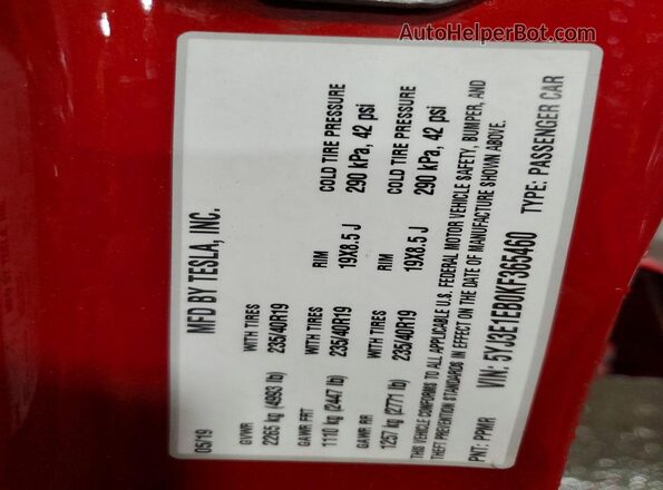 5YJ3E1EB0KF365460 2019 TESLA MODEL Red 