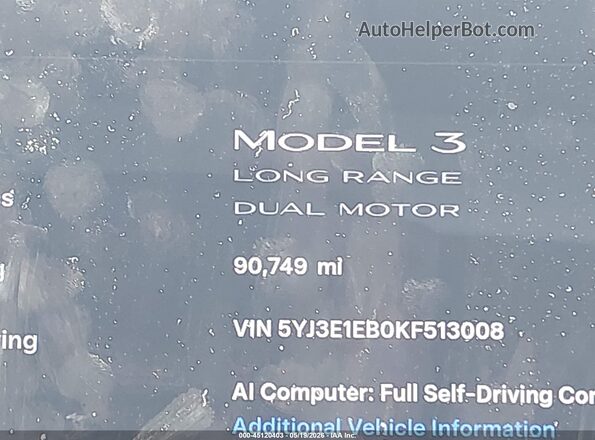5YJ3E1EB0KF513008 2019 TESLA MODEL 3 White სალონის 360-გრადუსიანი ხედი