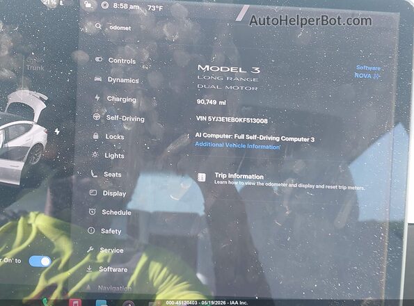 5YJ3E1EB0KF513008 2019 TESLA MODEL 3 White უკანა სავარძლების ხედი