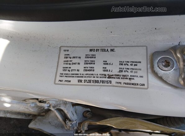 5YJ3E1EB0LF651570 2020 TESLA MODEL 3 White Vista del compartimento del motor