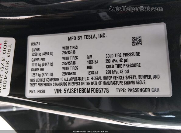 5YJ3E1EB0MF066778 2021 TESLA MODEL 3 Black ძრავის განყოფილების ხედი