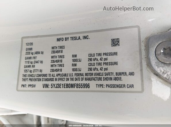 5YJ3E1EB0MF855996 2021 TESLA MODEL 3 Белый Вид подкапотного пространства