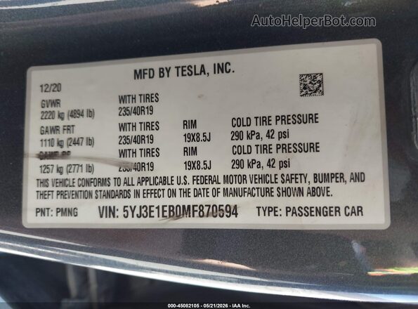 5YJ3E1EB0MF870594 2021 TESLA MODEL 3 Gray 
