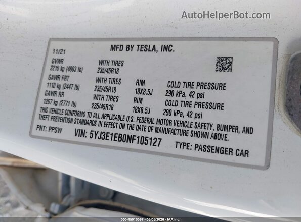 5YJ3E1EB0NF105127 2022 TESLA MODEL 3 Белый Вид подкапотного пространства