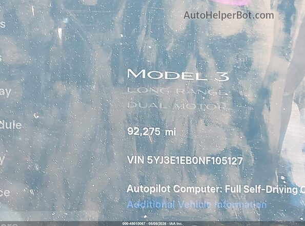 5YJ3E1EB0NF105127 2022 TESLA MODEL 3 Белый 