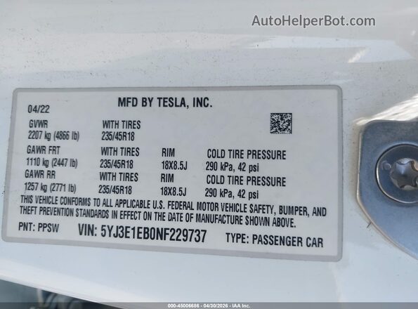 5YJ3E1EB0NF229737 2022 TESLA MODEL 3 White Շարժիչի բաժամունքի տեսք