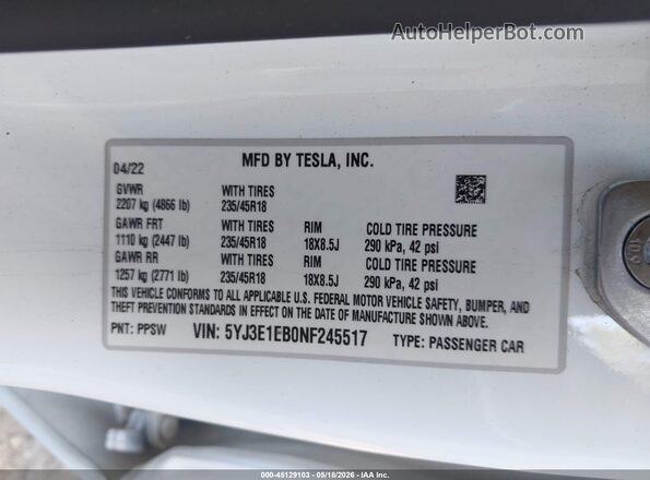 5YJ3E1EB0NF245517 2022 TESLA MODEL 3 White ძრავის განყოფილების ხედი