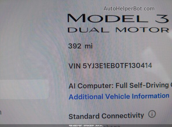 5YJ3E1EB0TF130414 2026 TESLA MODEL 3 Maroon 