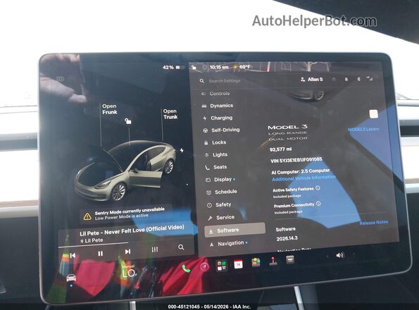 5YJ3E1EB1JF091085 2018 TESLA MODEL 3 Серый Вид задних сидений