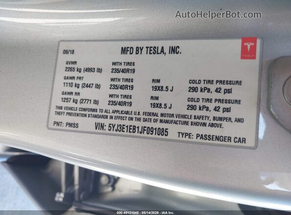 5YJ3E1EB1JF091085 2018 TESLA MODEL 3 Серый Вид подкапотного пространства