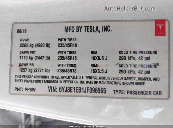 5YJ3E1EB1JF096965 2018 TESLA MODEL 3 White Vista del compartimento del motor
