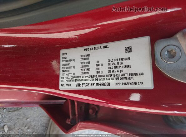 5YJ3E1EB1MF990050 2021 TESLA MODEL 3 Red Շարժիչի բաժամունքի տեսք