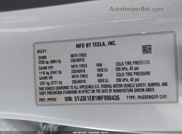 5YJ3E1EB1MF990436 2021 TESLA MODEL 3 White 