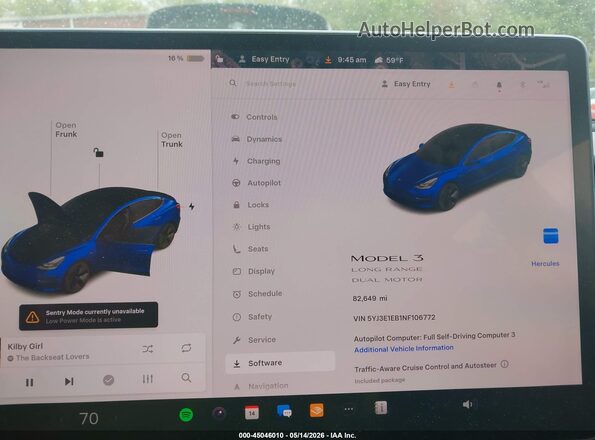 5YJ3E1EB1NF106772 2022 TESLA MODEL 3 Синий Вид задних сидений