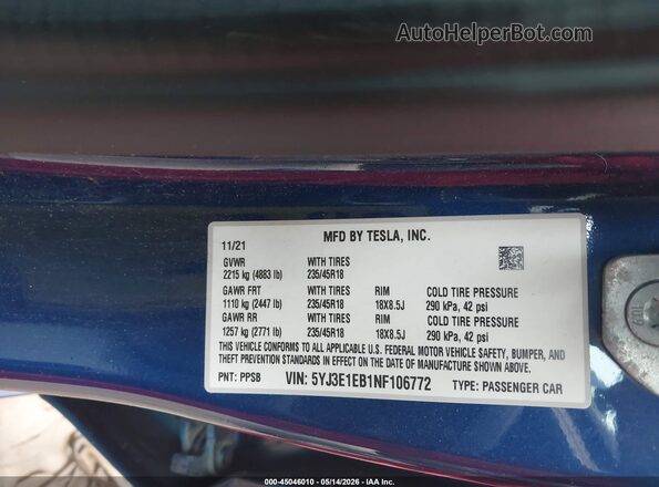 5YJ3E1EB1NF106772 2022 TESLA MODEL 3 Синий Вид подкапотного пространства