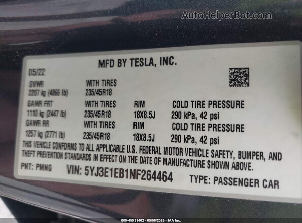 5YJ3E1EB1NF264464 2022 TESLA MODEL 3 Серый 