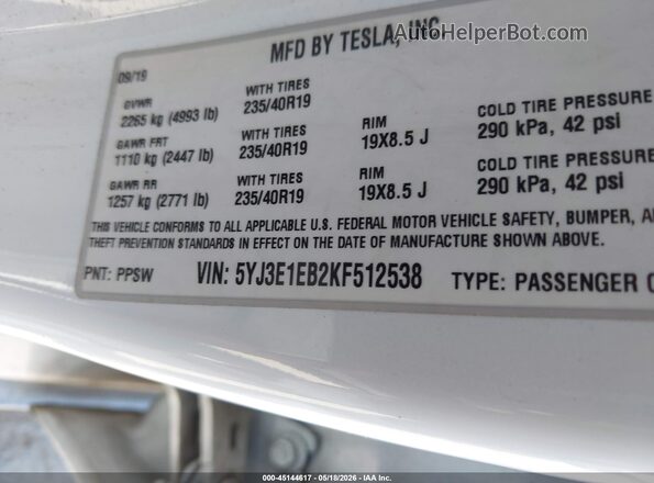 5YJ3E1EB2KF512538 2019 TESLA MODEL 3 White Vista del compartimento del motor