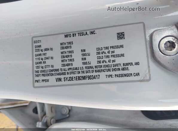 5YJ3E1EB2MF903417 2021 TESLA MODEL 3 White ძრავის განყოფილების ხედი