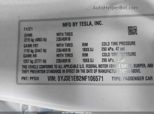 5YJ3E1EB2NF106571 2022 TESLA MODEL 3 White Engine compartment view