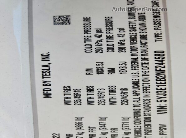5YJ3E1EB2NF244580 2022 TESLA MODEL White Вид підкапотного простору