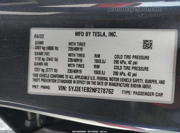5YJ3E1EB2NF278762 2022 TESLA MODEL 3 Gray Vista del compartimento del motor