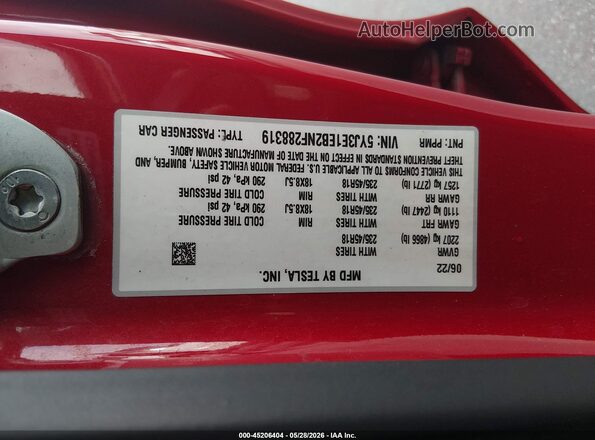 5YJ3E1EB2NF288319 2022 TESLA MODEL 3 Красный Вид подкапотного пространства
