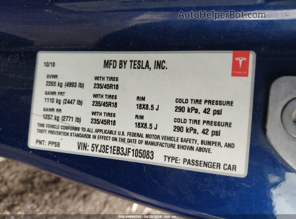 5YJ3E1EB3JF105083 2018 TESLA MODEL 3 Blue Вид підкапотного простору
