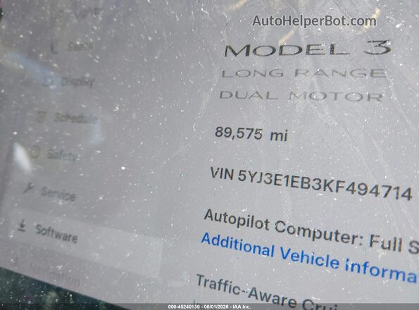 5YJ3E1EB3KF494714 2019 TESLA MODEL 3 White Սալոնի հետևի տեսք
