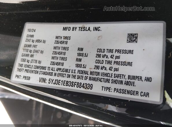 5YJ3E1EB3SF884339 2025 TESLA MODEL 3 Black Widok komory silnika