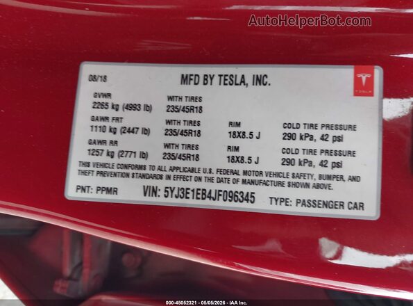 5YJ3E1EB4JF096345 2018 TESLA MODEL 3 Red 