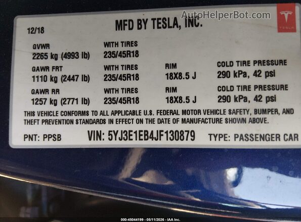 5YJ3E1EB4JF130879 2018 TESLA MODEL 3 Синий Вид подкапотного пространства