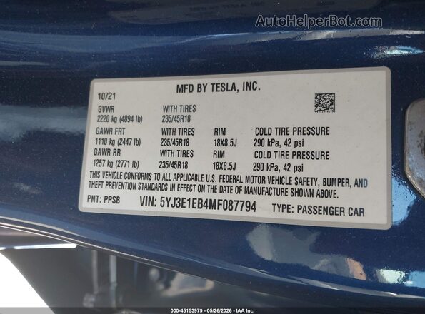 5YJ3E1EB4MF087794 2021 TESLA MODEL 3 Синий Вид подкапотного пространства