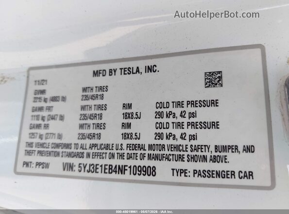 5YJ3E1EB4NF109908 2022 TESLA MODEL 3 White Շարժիչի բաժամունքի տեսք