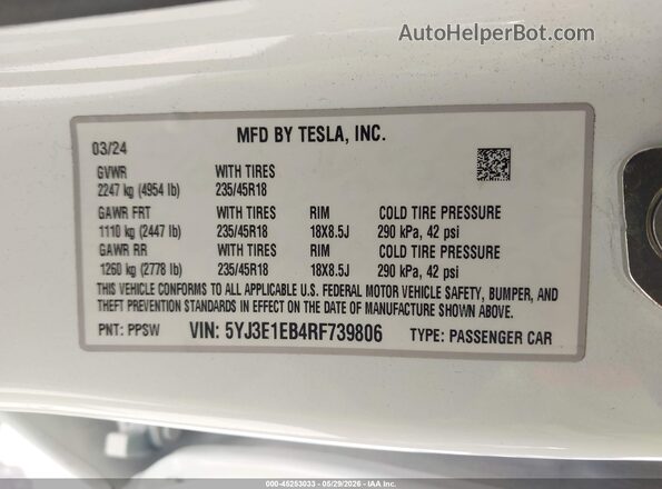 5YJ3E1EB4RF739806 2024 TESLA MODEL 3 White Engine compartment view